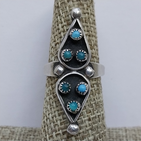 Vintage Zuni Petit Point Genuine Turquoise Ring Sterling Silver 925 Size 5.5 - Picture 1 of 6